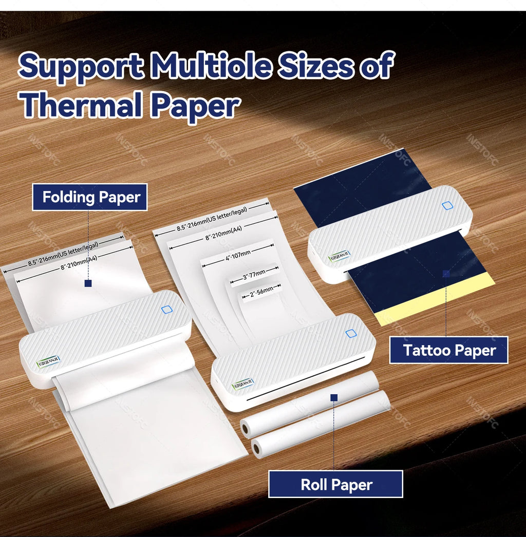 Portable A4 Thermal Printer Bluetooth Photos PDF Document Printing Machine Folded Rolls Paper For Office Work Home School Travel