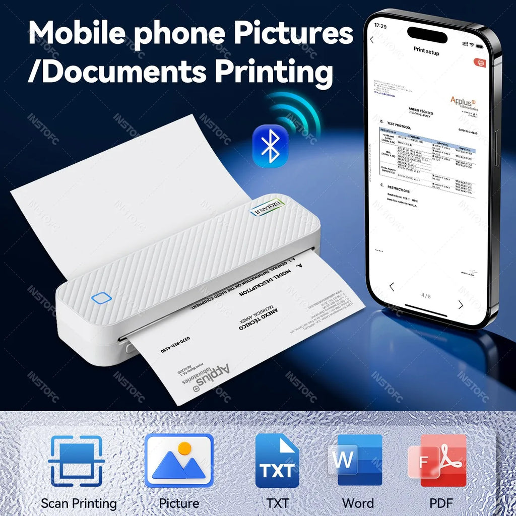 Portable A4 Thermal Printer Bluetooth Photos PDF Document Printing Machine Folded Rolls Paper For Office Work Home School Travel